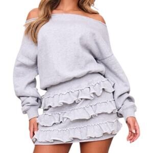 Pretty Little Thing Gray Marl Sweat Bardot Frill Skirt Mini Dress Women’s Size 6